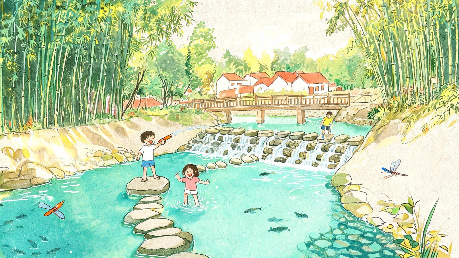 绿景村夏日玩水手绘插画
